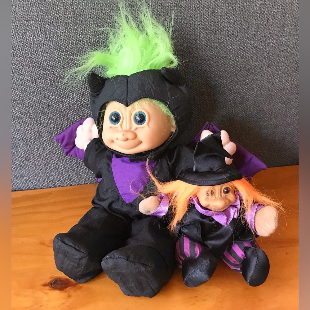 VINTAGE Lot RUSS Halloween Troll DollS Large Bat Small Witch Trolls Decoration